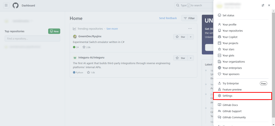 Settings GitHub