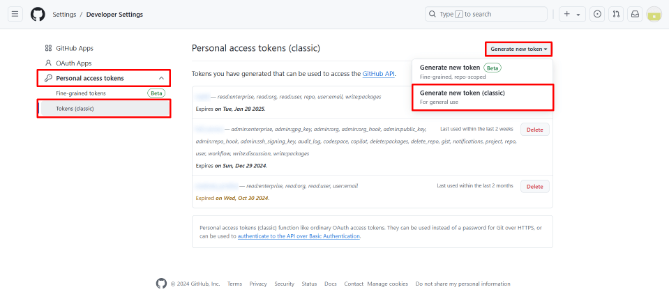 Generate New Token GitHub