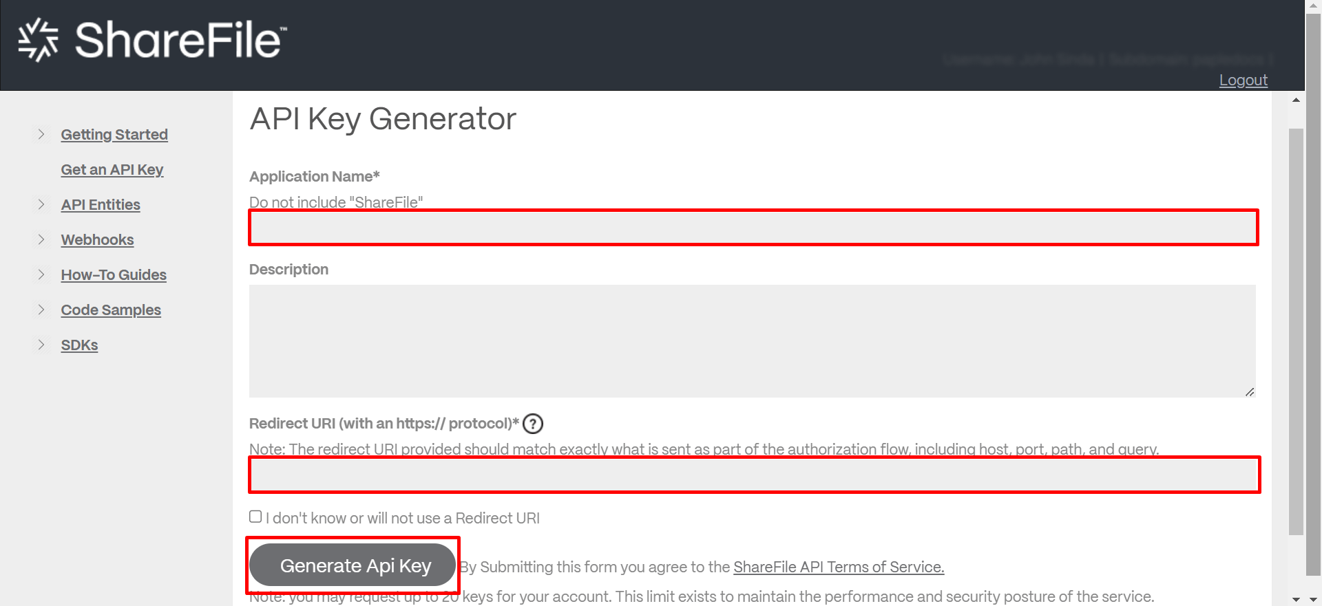 API Key Generator ShareFile