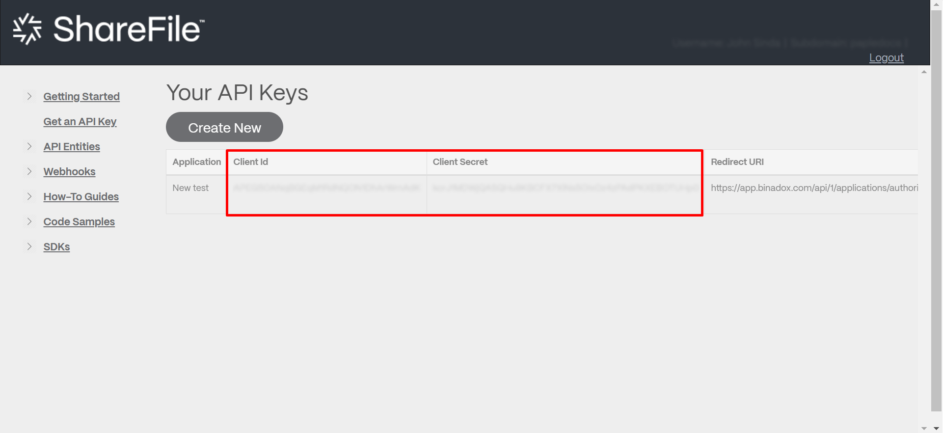 New API Keys ShareFile