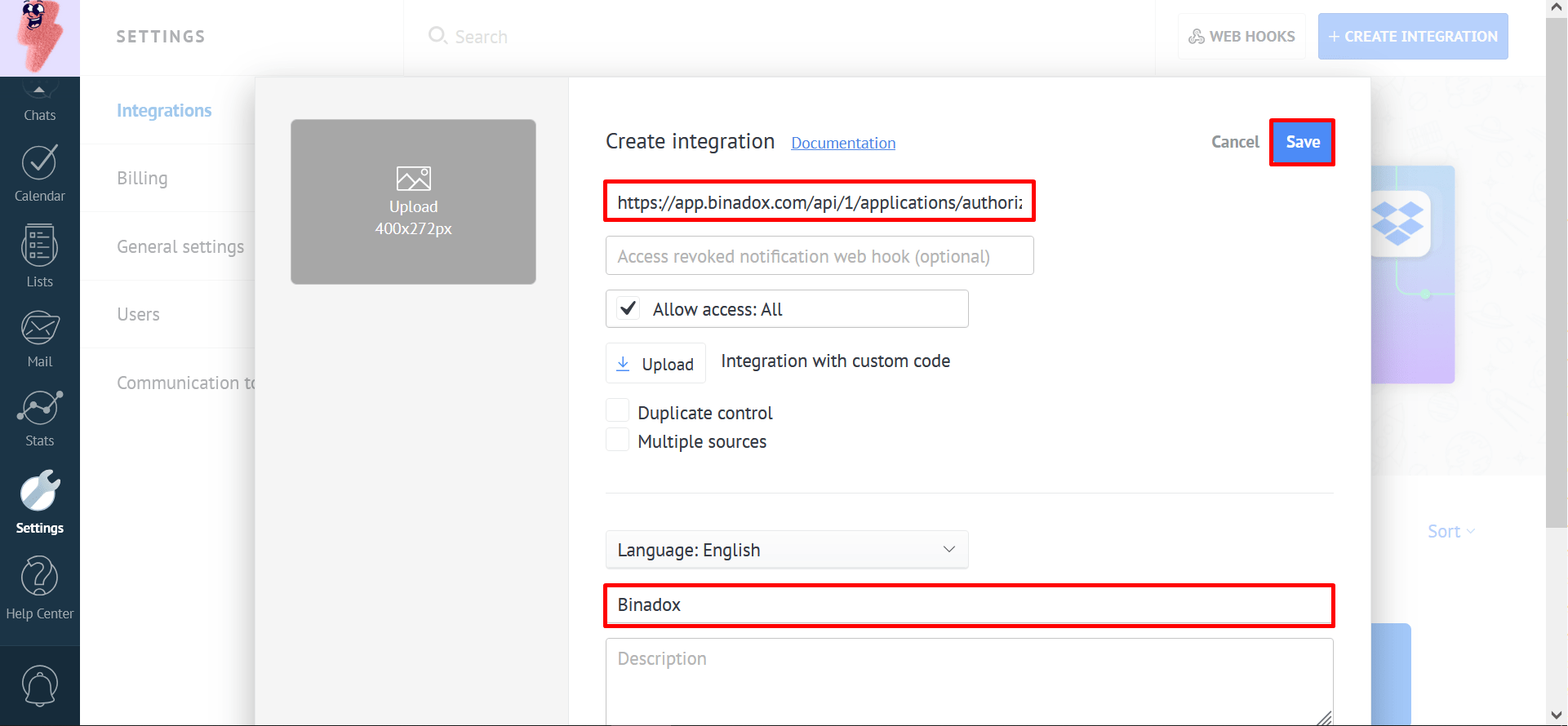 Create Integration form