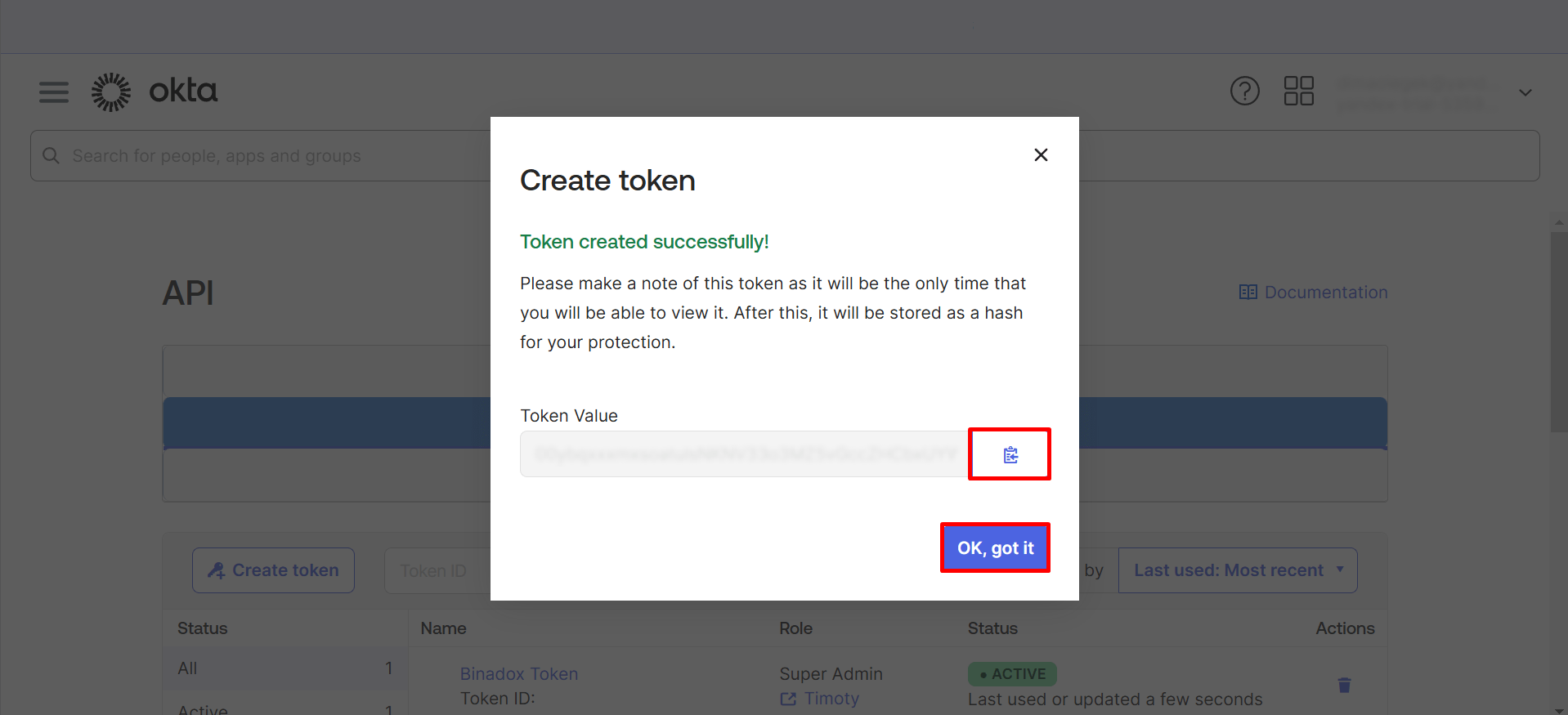 Copy token to the clipboard