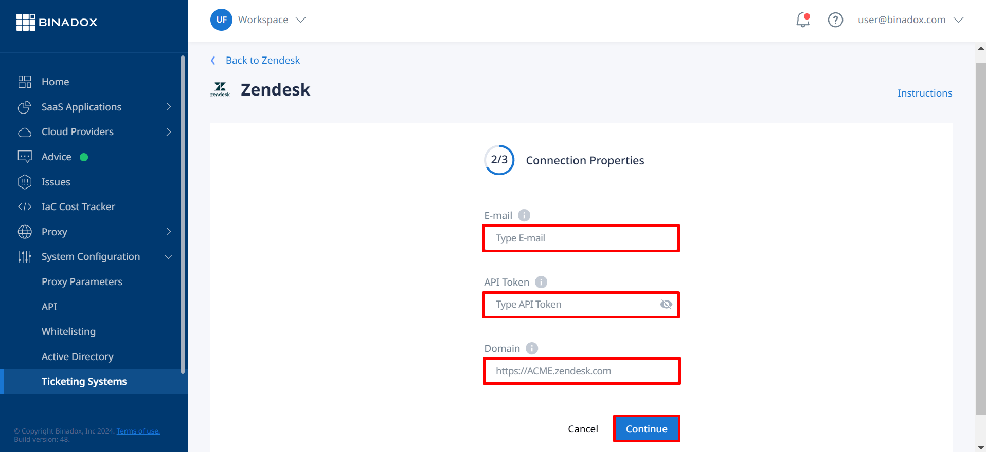 Connection Properties Zendesk Ticketing