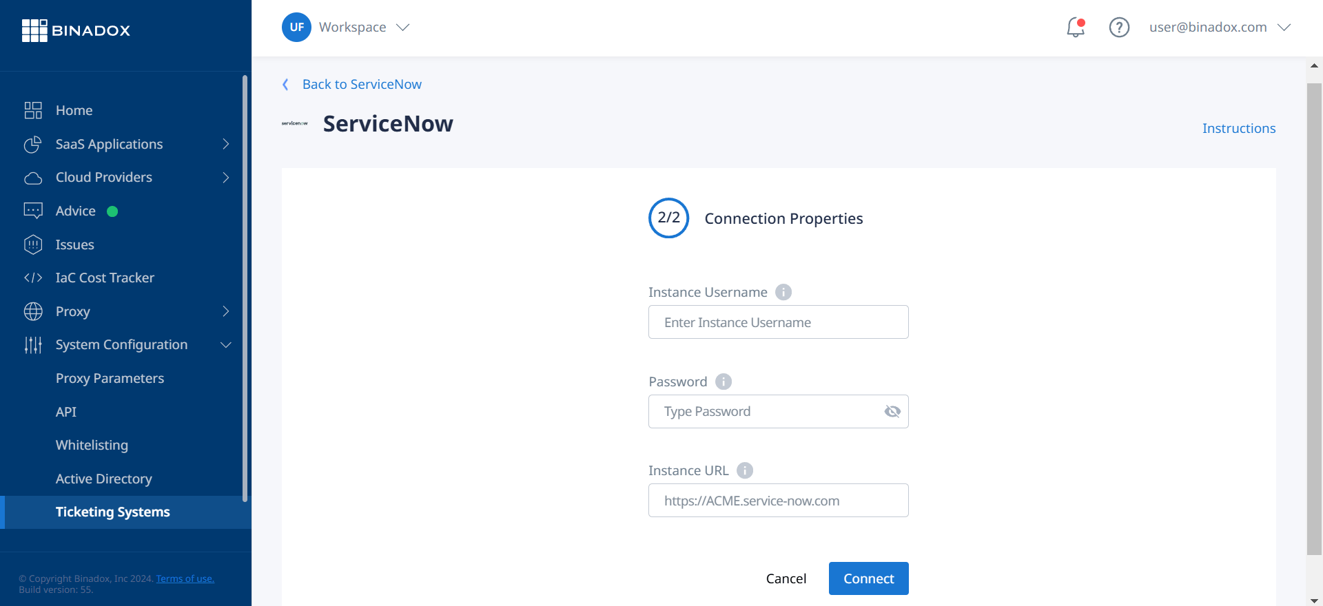 Connection properties ServiceNow 