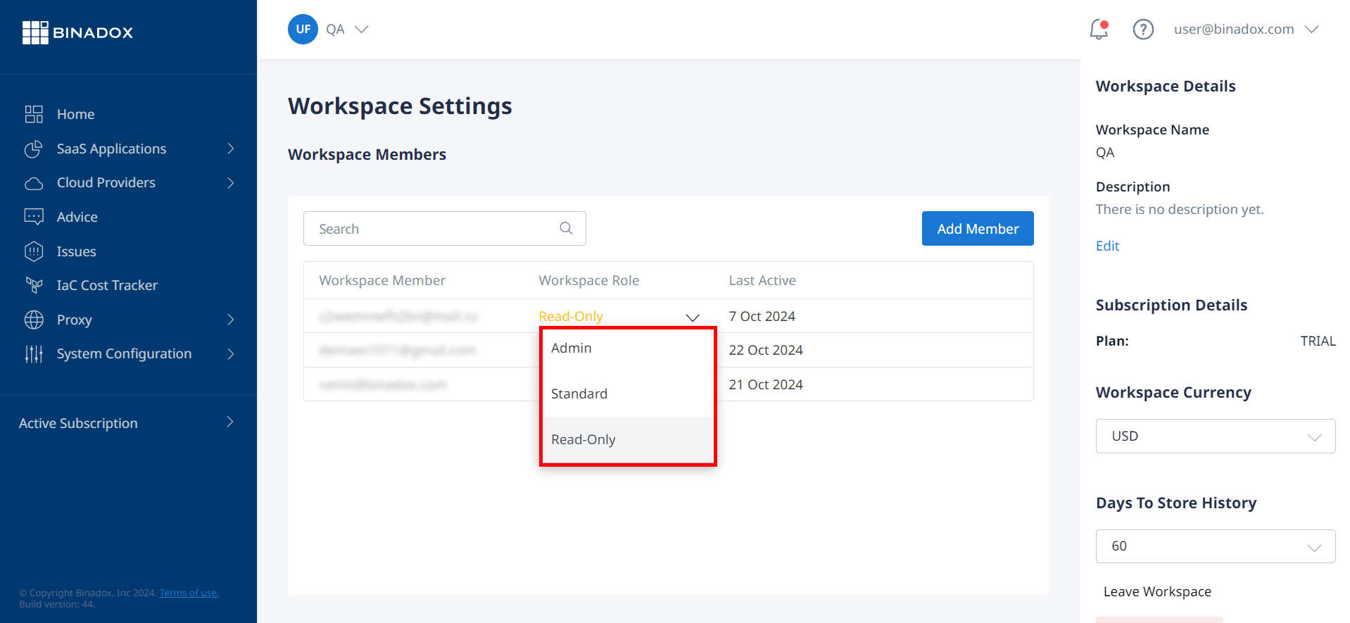 Switching roles in Binadox Workspace