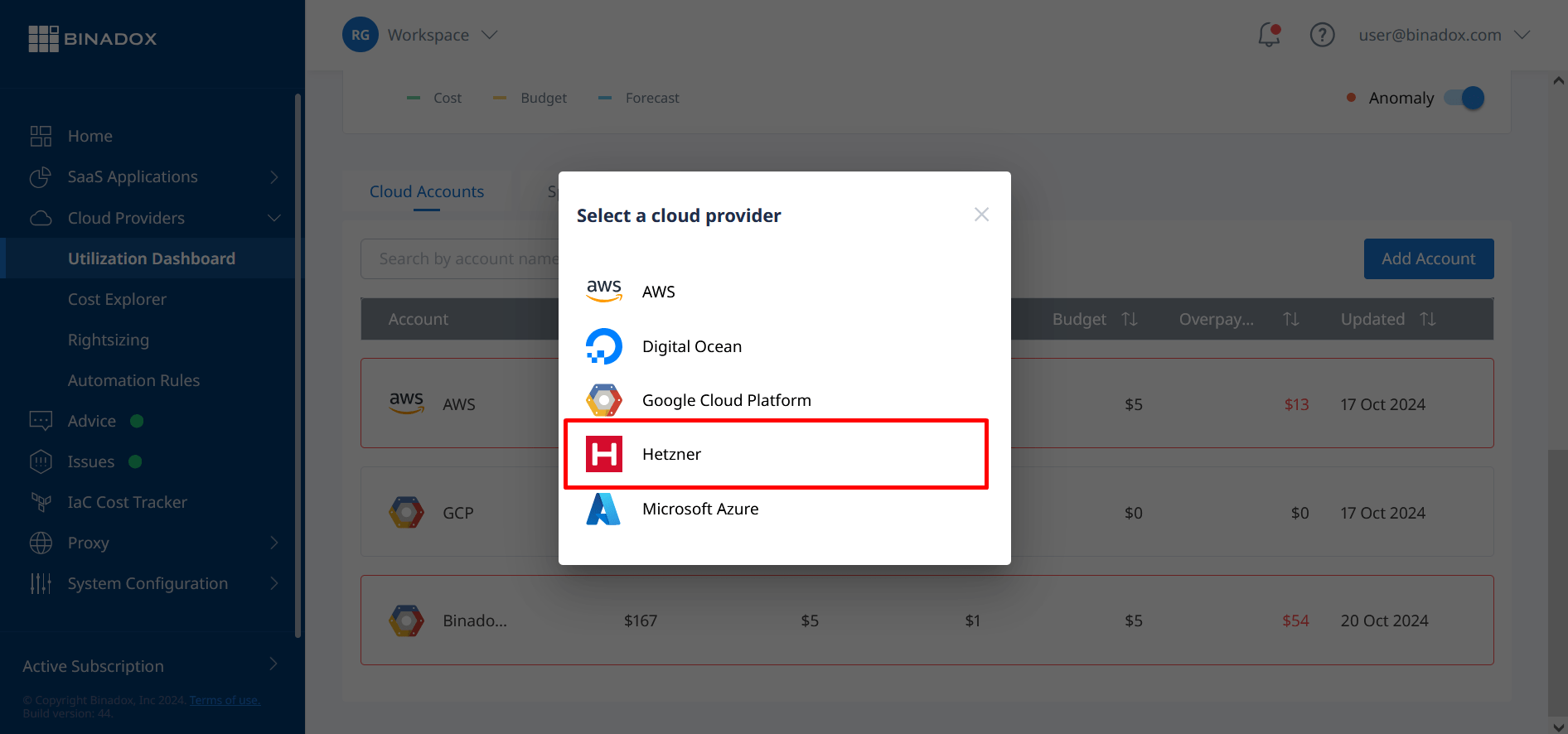 Selecting a cloud account in Binadox