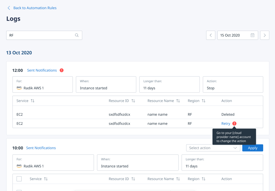 All triggered actions that you can observe for better awareness of the cloud environment’s current state are available in Rule Logs