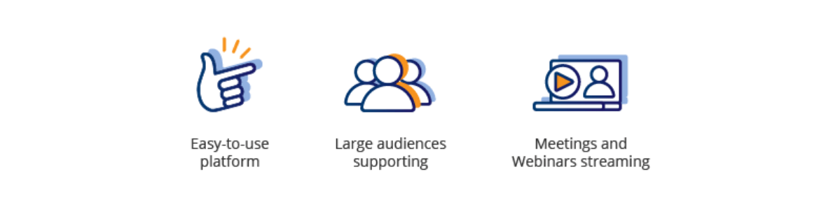 Reasons why businesses use Zoom: easy-to-use platform, large audiences supporting, meetings and webinars streaming