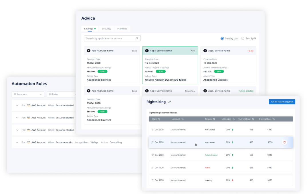 Binadox features: rightsizing, automation rules, advice 