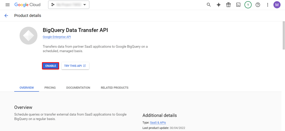 Enable BigQuery Data Transfer API